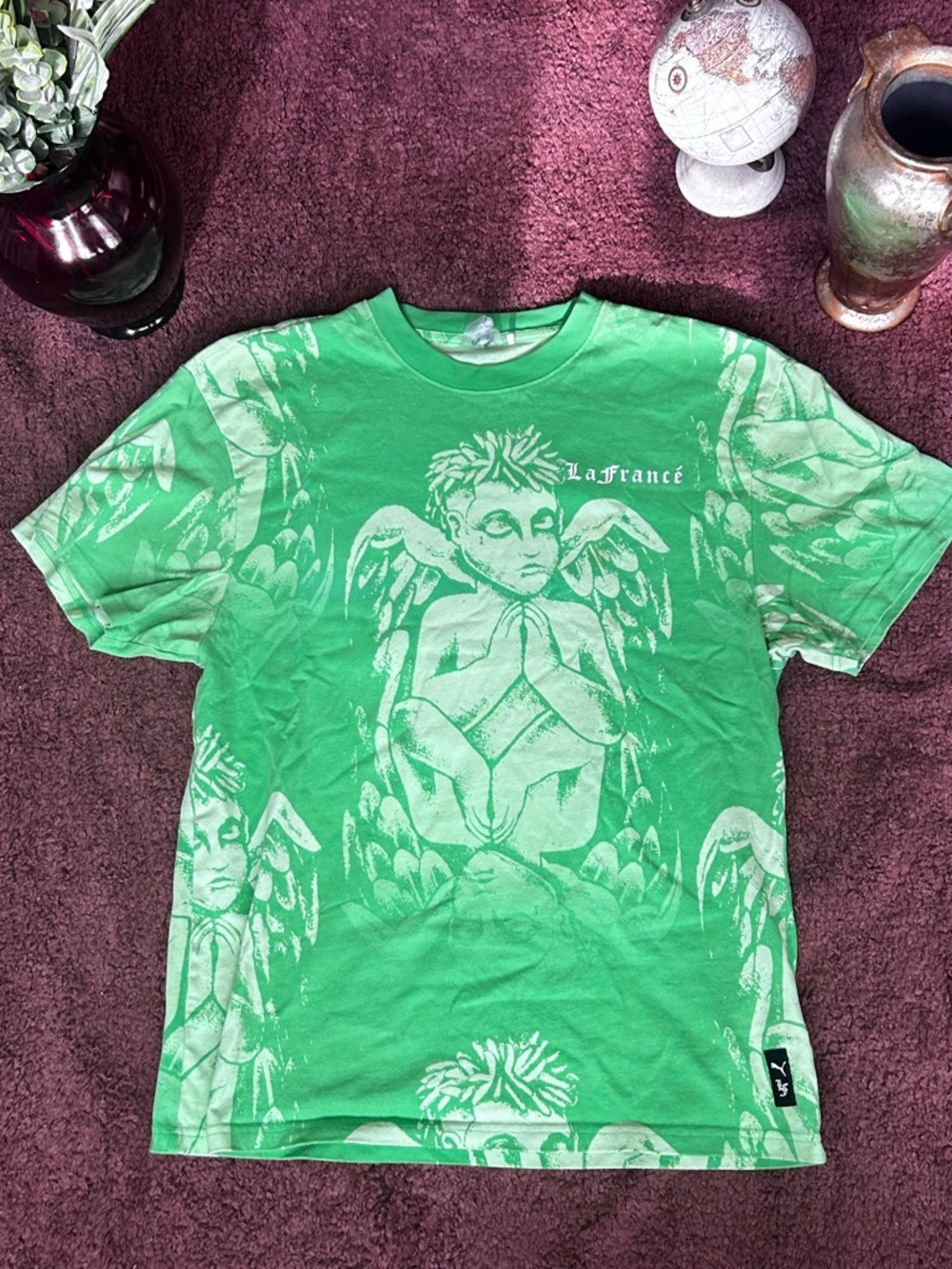 LaFrance Green All-Over Print Praying Angel Cherub Graphic T-Shirt